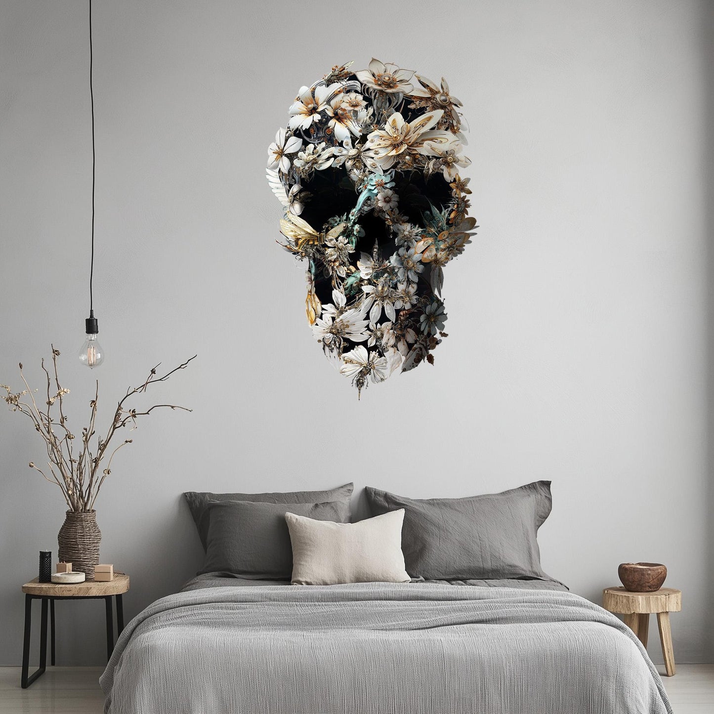Large Skull Wall Decal, Floral Skull Wall Sticker, Large Gothic Wall Art Gift