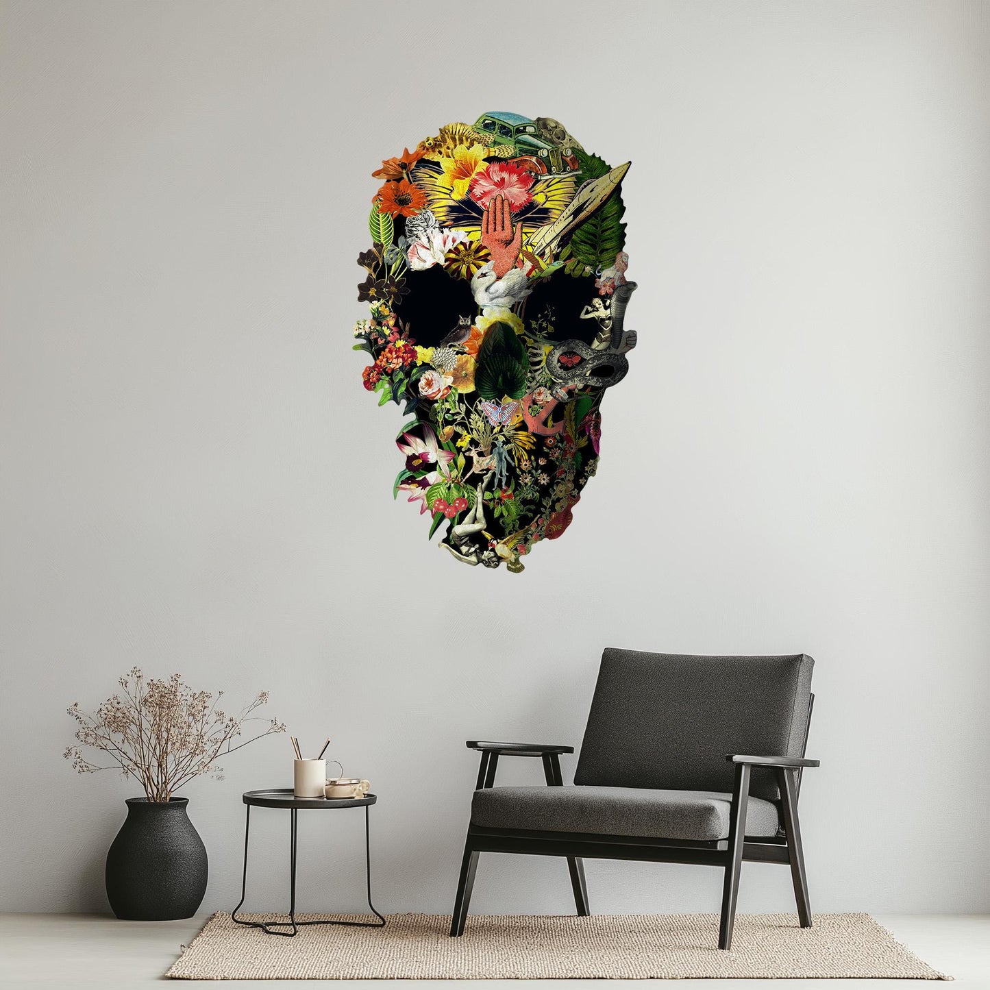 Large Size Wall Decal, Skull Wall Sticker, Floral Skull Wall Art Decor, Skull Art Gift