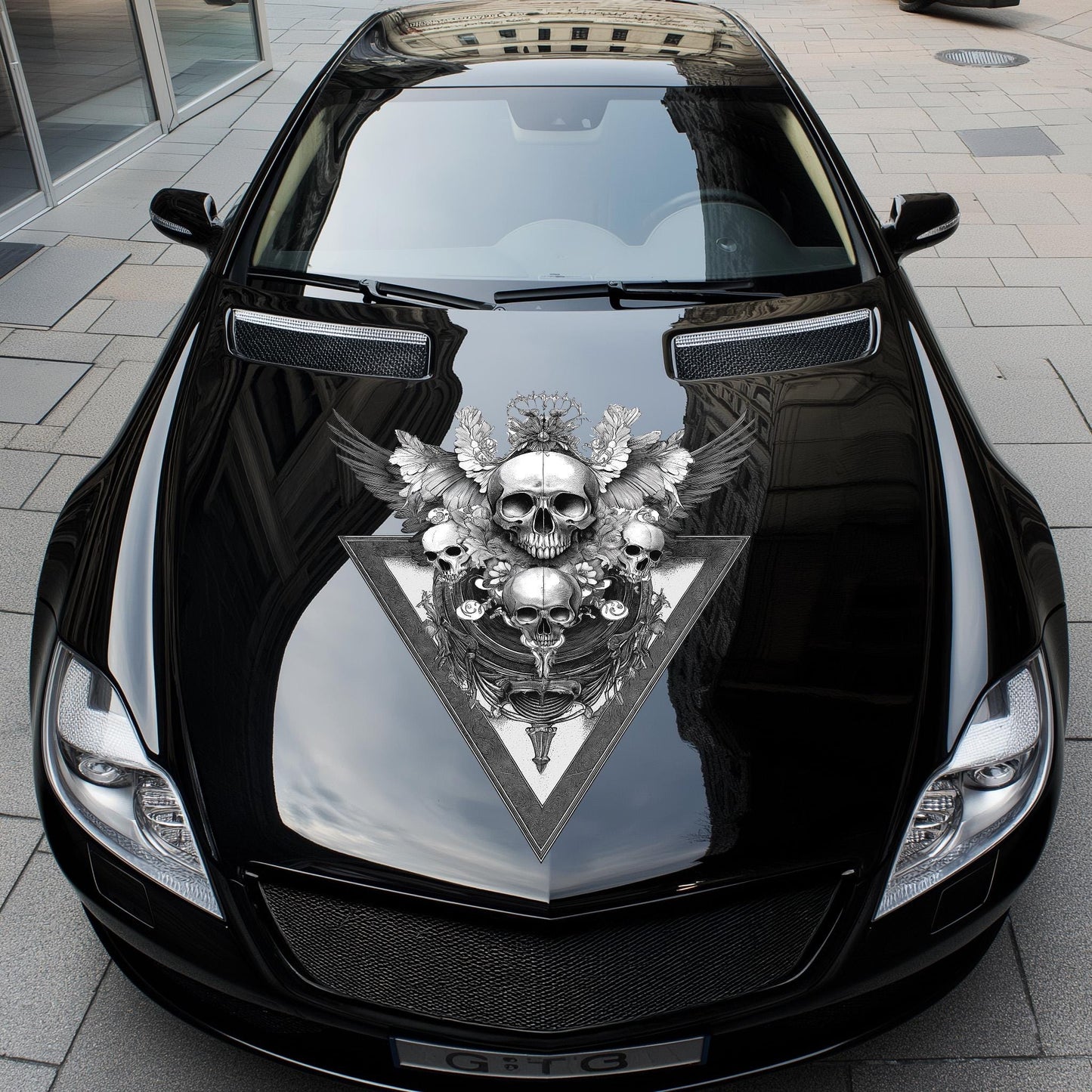 Skull Hood Decal, Skull Drawing Car Hood Sticker, Black And White Sugar Skull Art Car Decor, Gothic Skull Hood Art Gift, Skull Decal