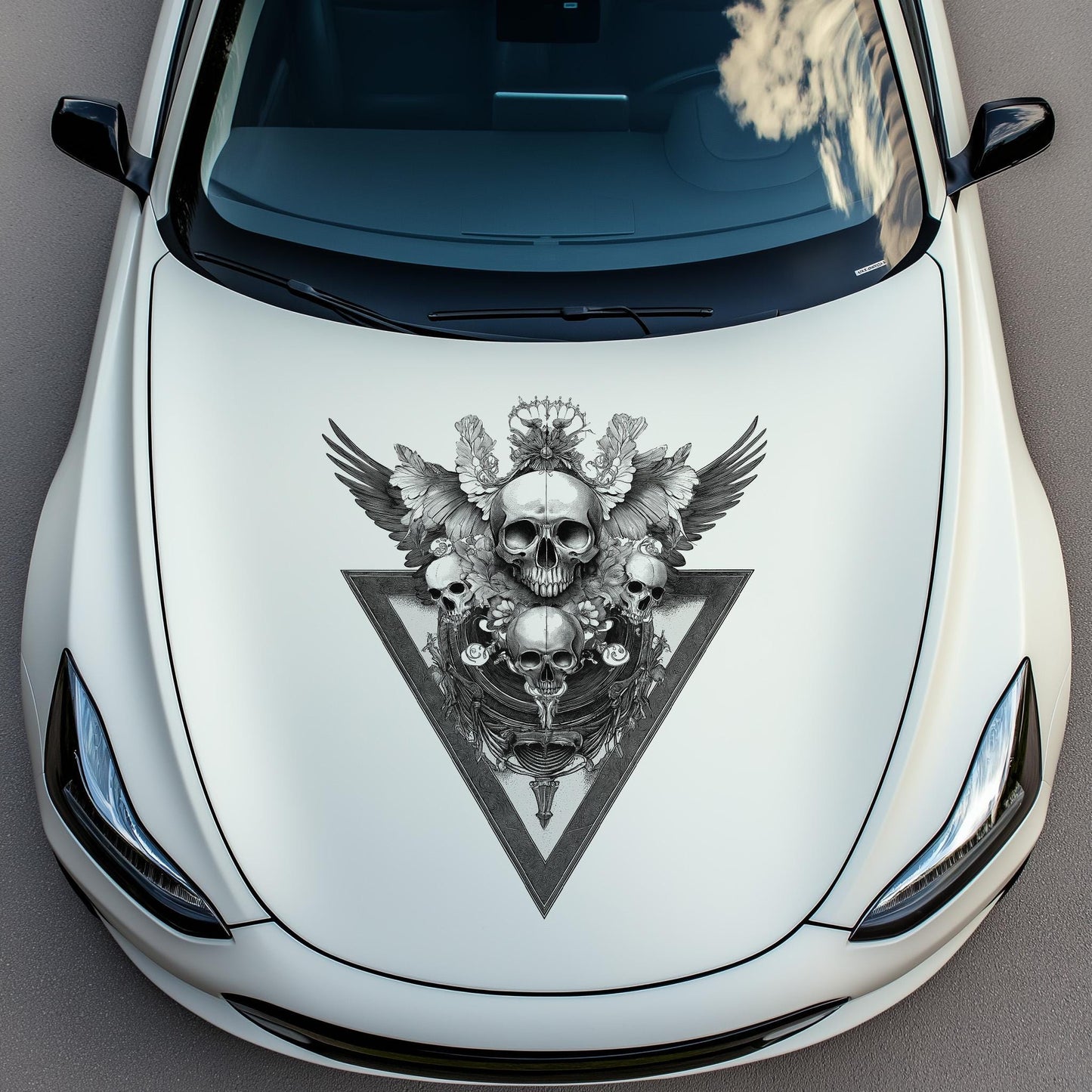 Skull Hood Decal, Skull Drawing Car Hood Sticker, Black And White Sugar Skull Art Car Decor, Gothic Skull Hood Art Gift, Skull Decal