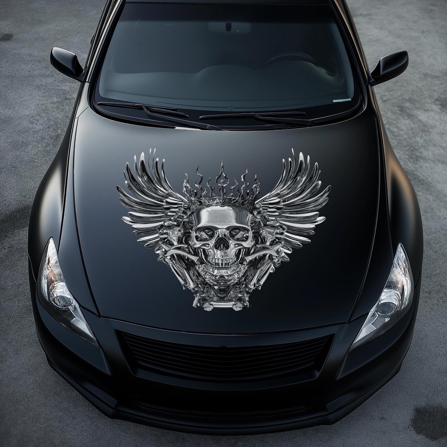 Dark Skull Hood Decal, Chrome Tones Hood Decor, Sugar Skull Art Car Sticker, Gothic Skull Hood Art Gift