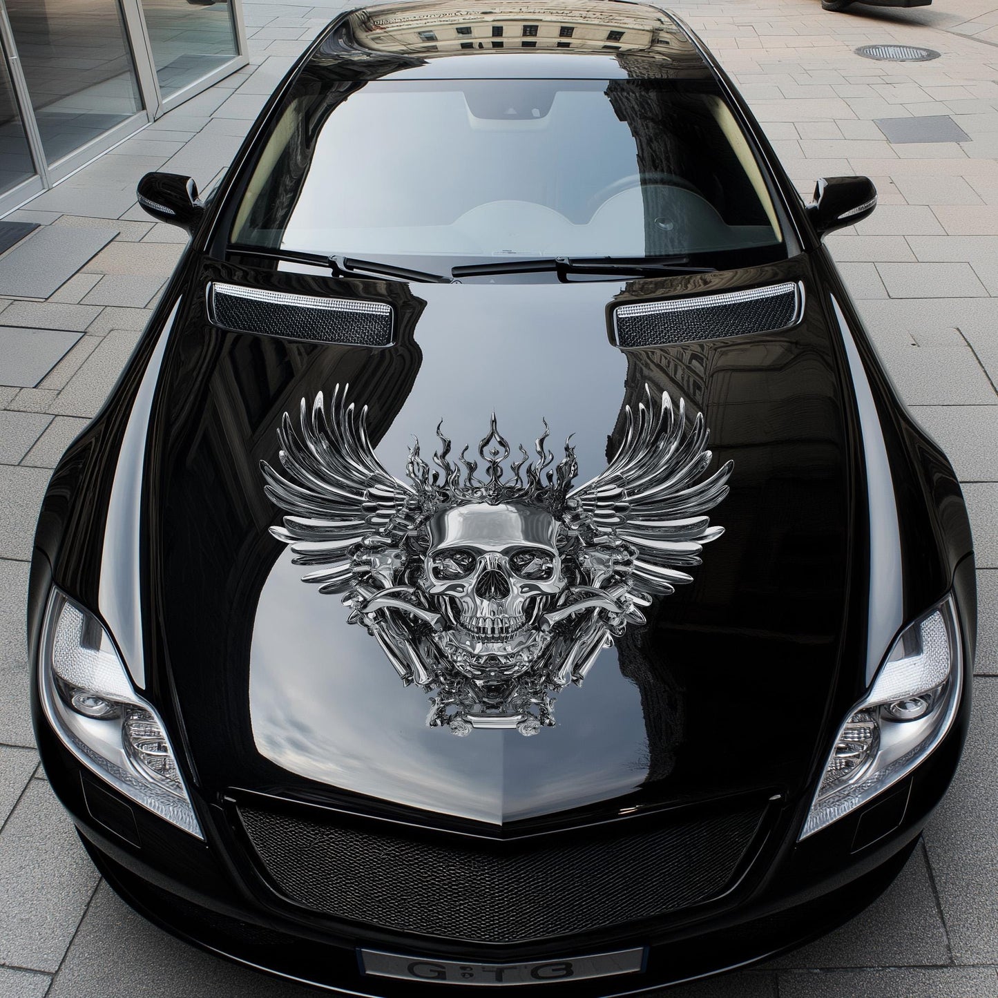 Dark Skull Hood Decal, Chrome Tones Hood Decor, Sugar Skull Art Car Sticker, Gothic Skull Hood Art Gift